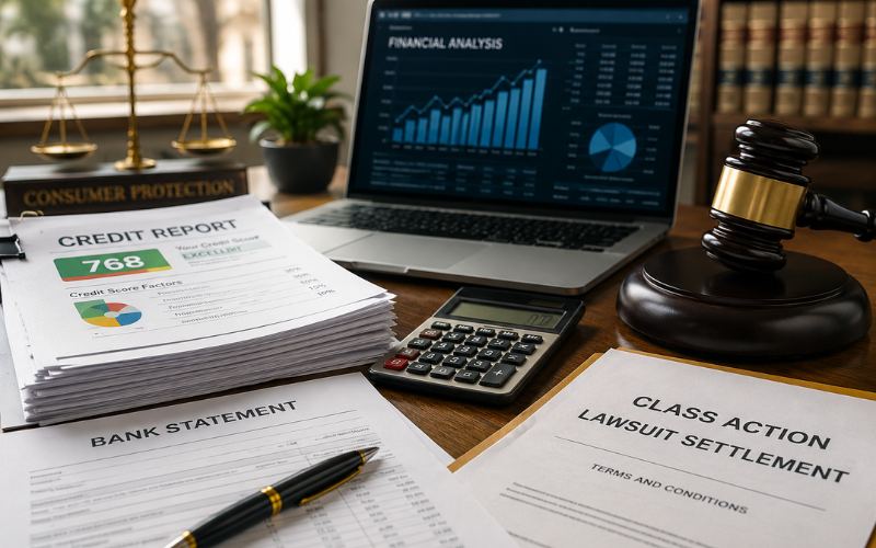 Credit One Bank class action settlement legal documents, credit reports, and financial analysis on desk