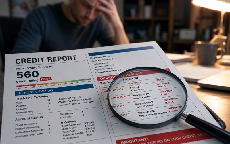 Credit report showing inaccurate late payments and negative credit reporting errors highlighted in red
