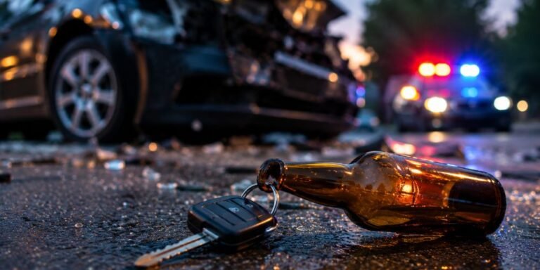 Drunk driving accident scene with damaged vehicles, police lights, and alcohol bottle on the road at night