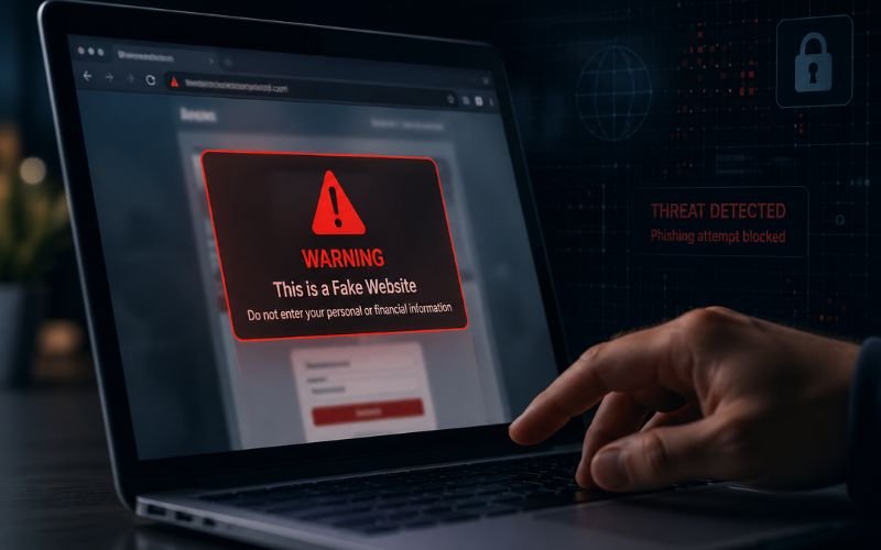 Warning illustration showing settlement scam and phishing website risk