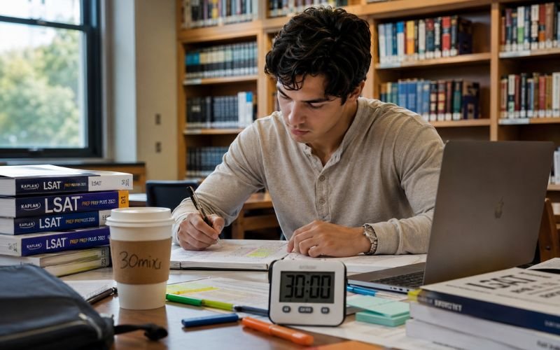 Student preparing for the LSAT exam in a university library
