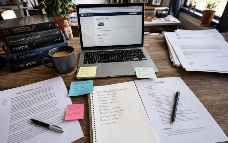 Law school application documents on a professional workspace desk