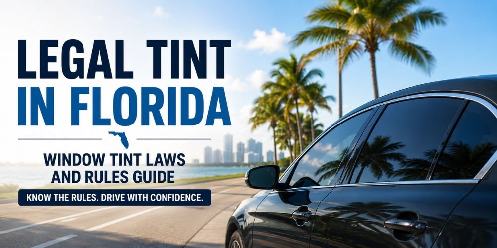 Black car with tinted windows on a sunny Florida road with palm trees and text about Florida window tint laws and legal tint rules.