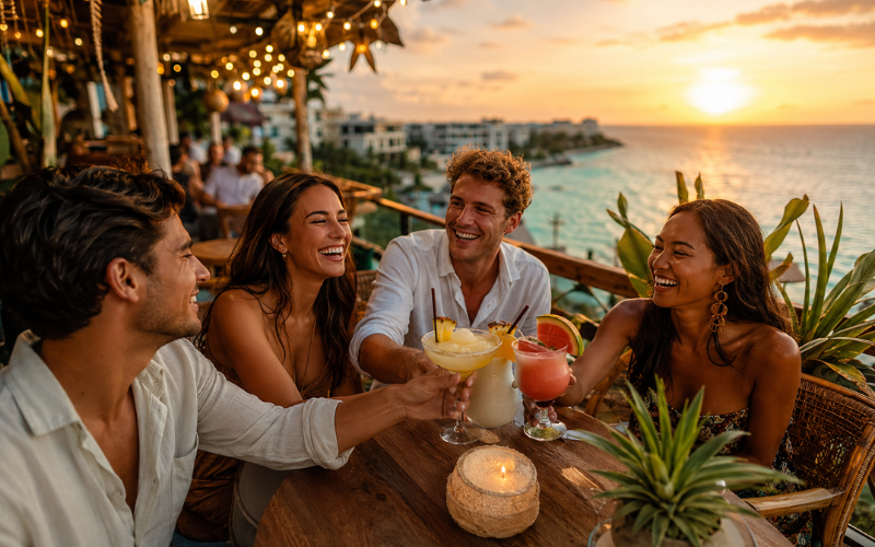 Young adult tourists toasting tropical cocktails at a rooftop bar overlooking the Mexican coast
