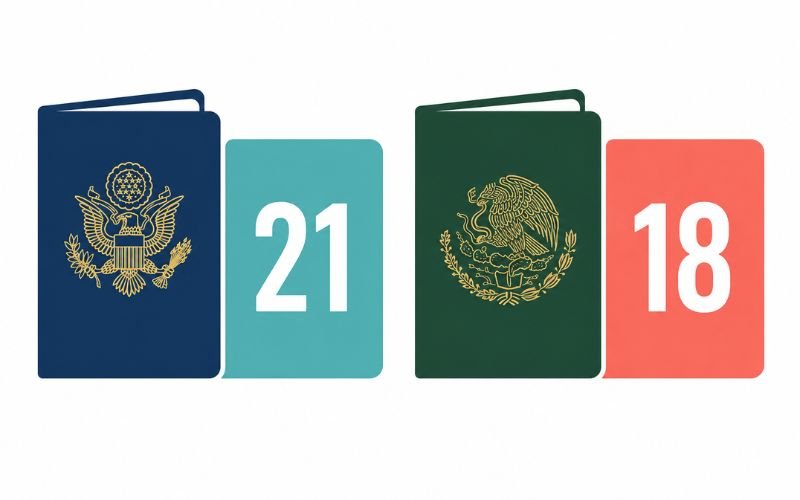 Infographic comparing the legal drinking age in Mexico (18) vs the United States (21)