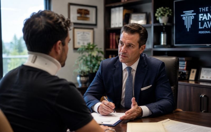 Motorcycle accident lawyer discussing injury claim with client during consultation