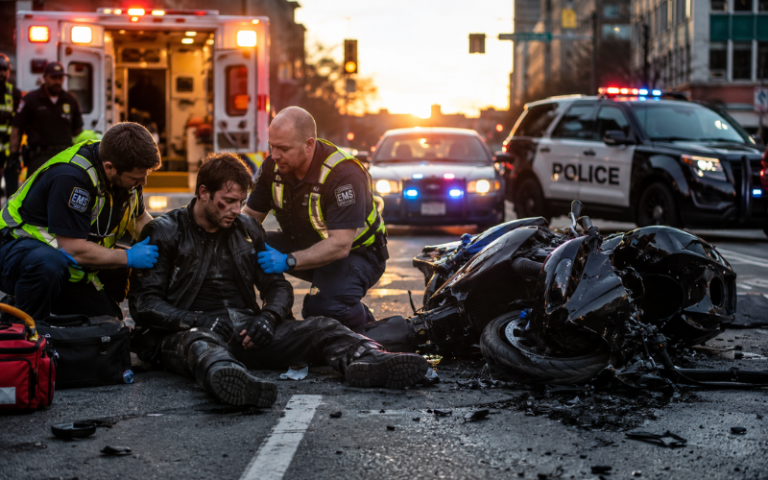 Motorcycle accident lawsuit scene involving injured rider receiving emergency assistance after serious urban road crash