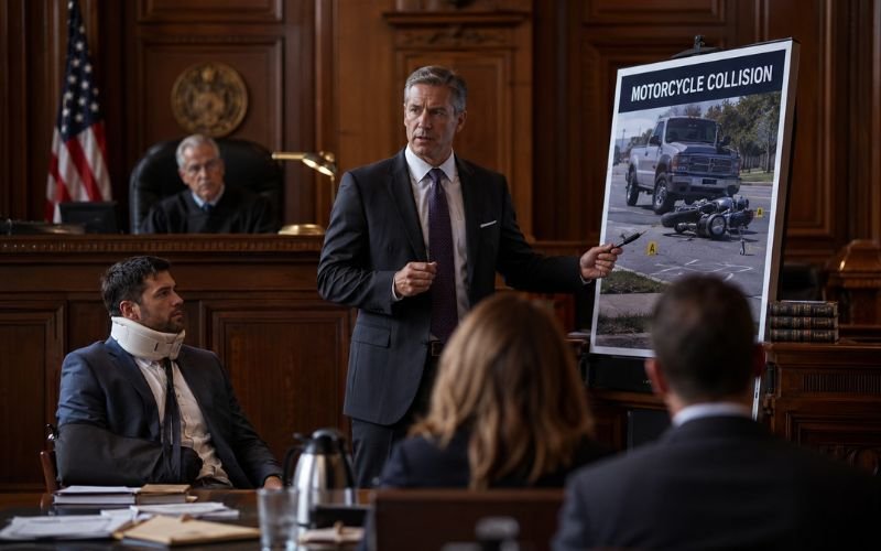 Motorcycle accident attorney presenting injury case during courtroom trial