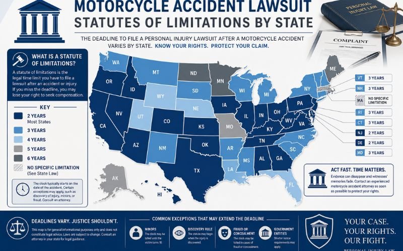 United States map showing motorcycle accident lawsuit filing deadlines by state