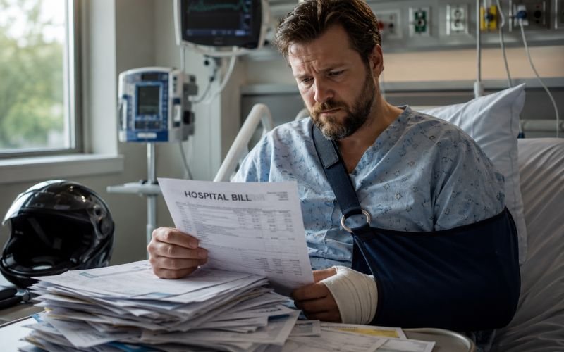Injured motorcycle accident victim reviewing medical bills during hospital recovery