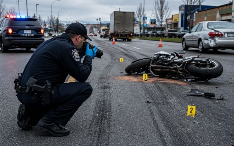 Police officer documenting motorcycle crash evidence during accident investigation