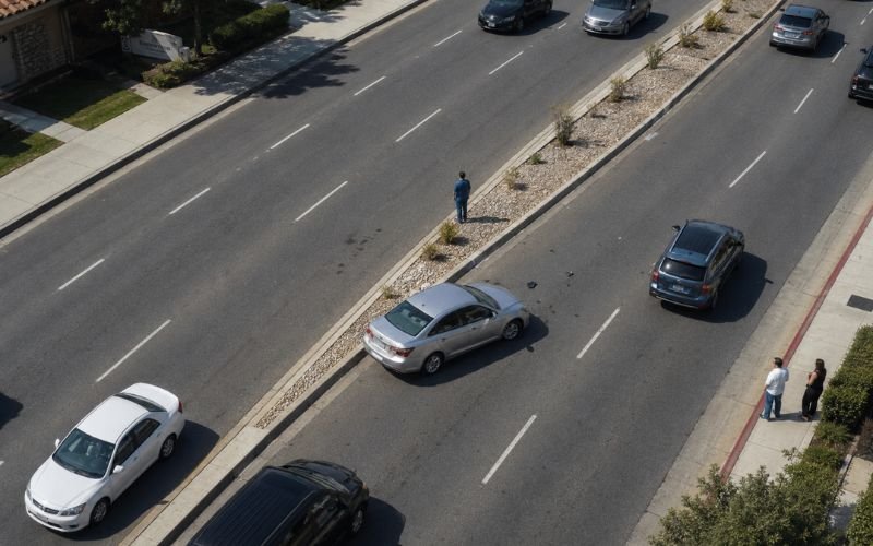 Aerial view of car stopped near pedestrian on California street illustrating comparative negligence fault-sharing rules