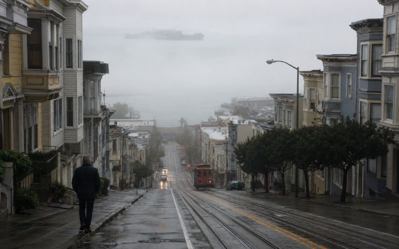 Pedestrian navigating a steep foggy San Francisco hill street near cable car tracks illustrating jaywalking visibility risks