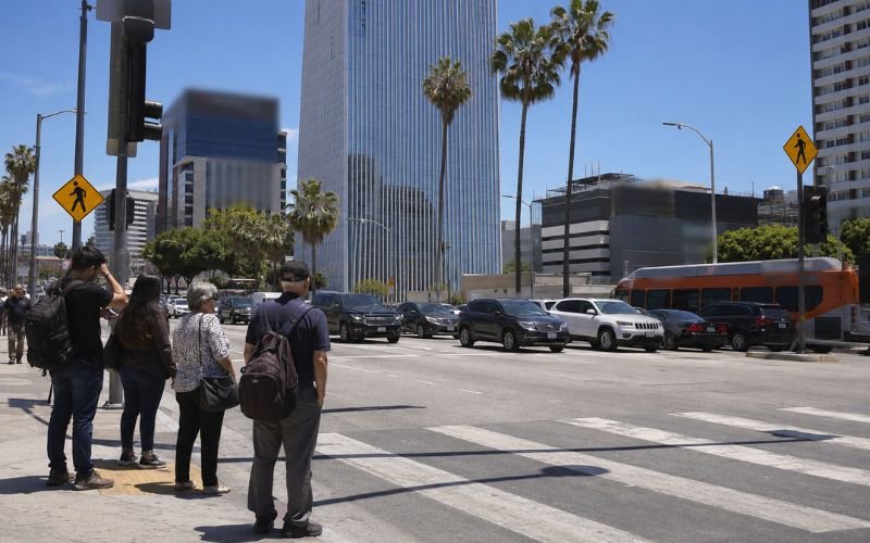 Pedestrians waiting at a busy Los Angeles boulevard crosswalk showing why unsafe jaywalking remains risky in LA