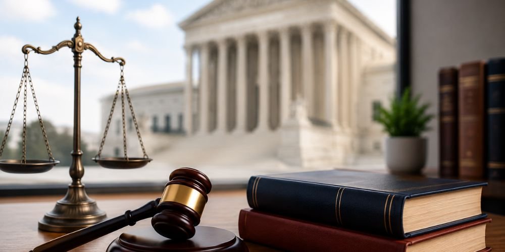 Gavel, justice scale, and law books with the U.S. Supreme Court building in the background representing reverse discrimination law and legal rights.