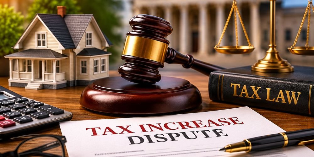 Illustration of property tax documents and legal paperwork related to a tax increase lawsuit