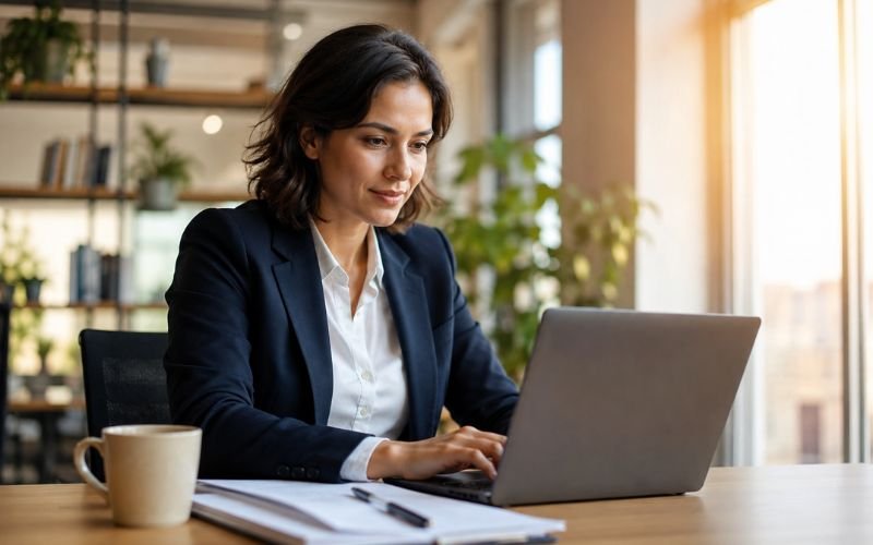 A focused professional working at a desk representing an employee actively improving performance after receiving a final written warning