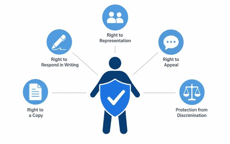 Illustration showing five key employee rights during a workplace disciplinary process including the right to appeal and protection from discrimination