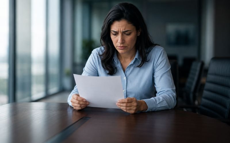 A stressed employee sitting alone at a conference table reading a final written warning document