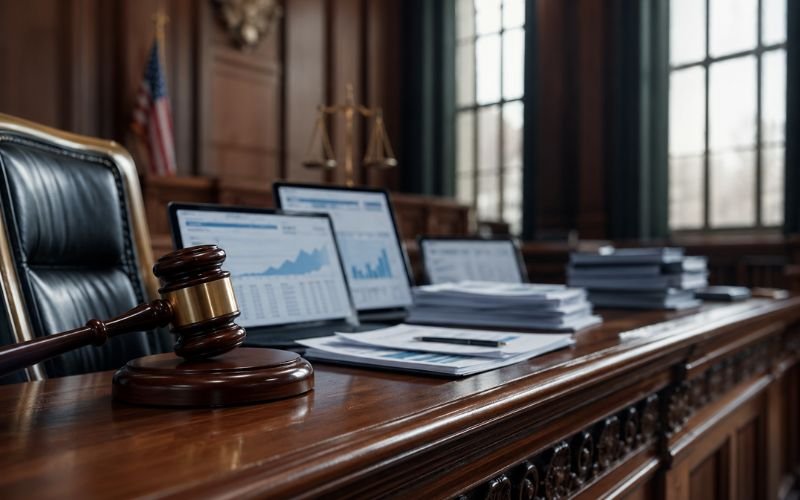 Professional courtroom scene representing Credit One Bank lawsuit settlement concept