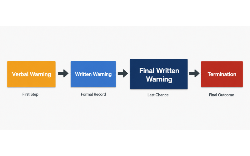 Progressive discipline process flowchart showing four steps from verbal warning to written warning to final written warning to termination