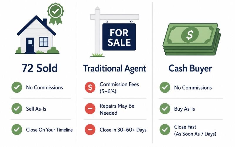 72 Sold versus traditional real estate agent versus cash buyer fee comparison chart