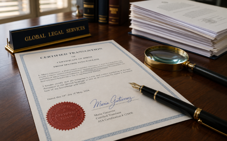 Certified translation document with official stamp on a translator's desk