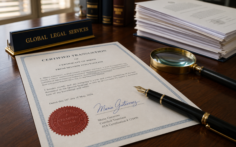 Certified translation document with official stamp on a translator's desk