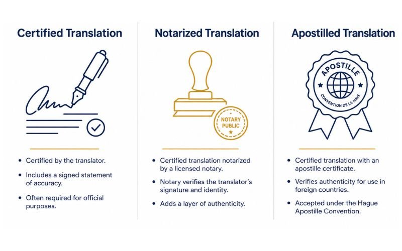 Comparison chart of certified, notarized, and apostilled translation types