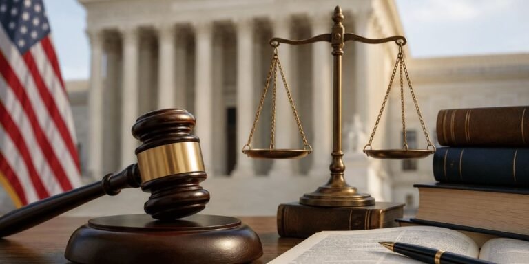 Gavel, scales of justice, law books, and the U.S. Supreme Court building representing employment discrimination law and equal treatment rights.