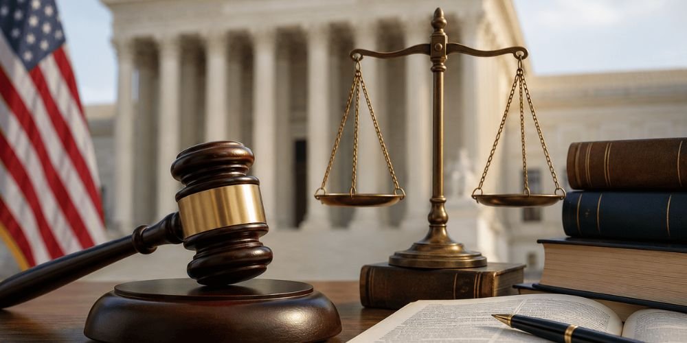 Gavel, scales of justice, law books, and the U.S. Supreme Court building representing employment discrimination law and equal treatment rights.