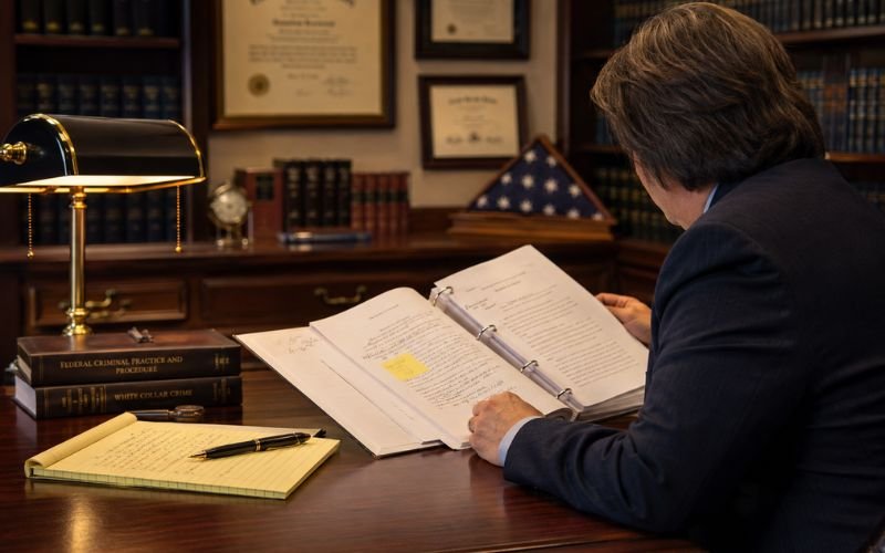 Criminal defense attorney reviewing legal documents at a desk for a murder or manslaughter case consultation