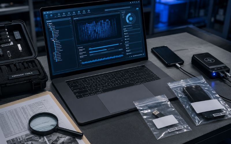 Digital forensics workstation with laptop and evidence bags used in sex crime investigation