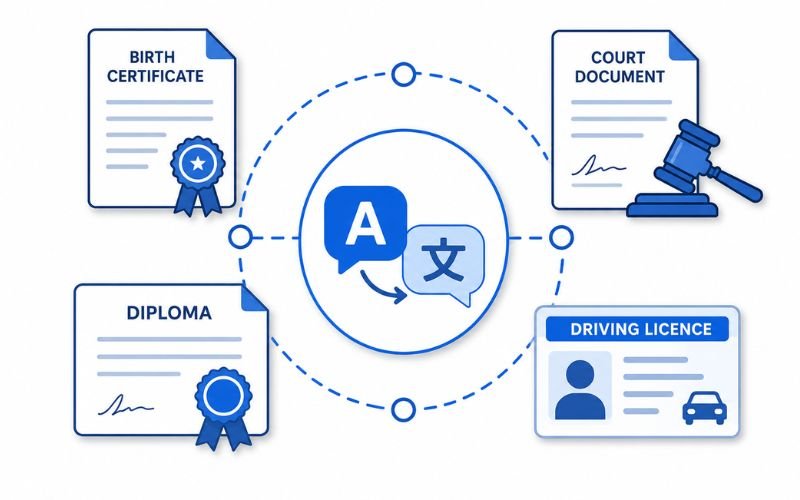 Documents that commonly require certified translation including birth certificates and court files