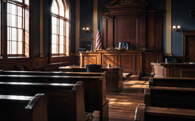 Empty American courtroom with judge's bench and flag representing sex crime accusation legal process