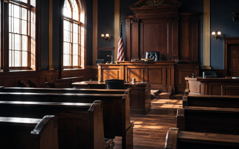 Empty American courtroom with judge's bench and flag representing sex crime accusation legal process