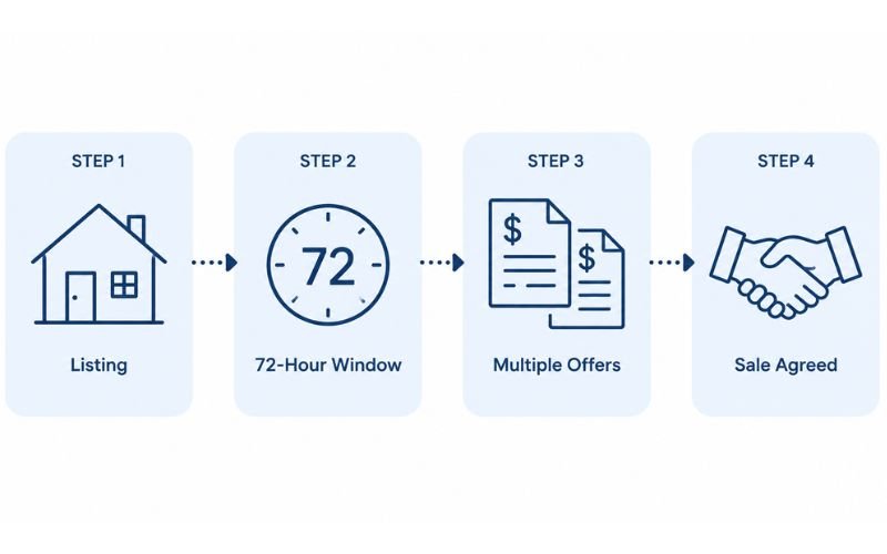 72 Sold real estate business model explained with 72 hour timeline icons