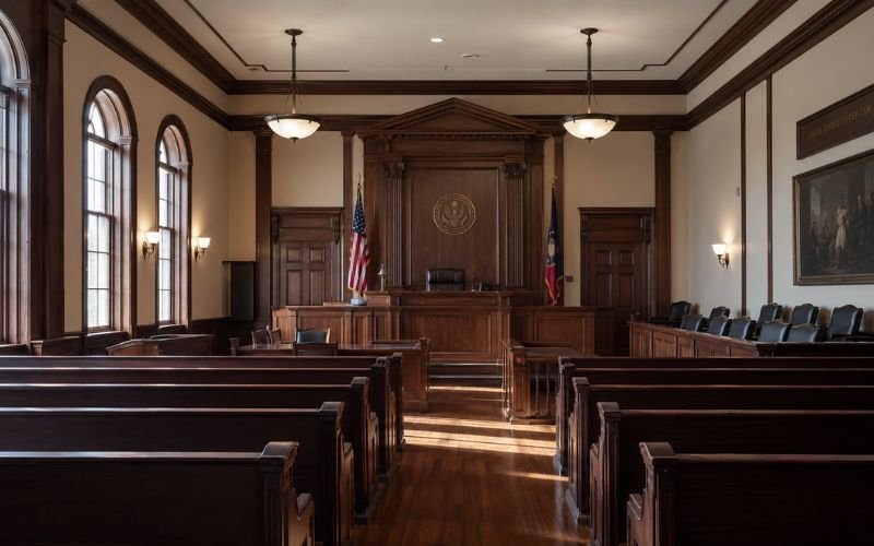 Empty American courtroom interior with judge's bench and gallery seating, illustrating murder vs manslaughter legal proceedings