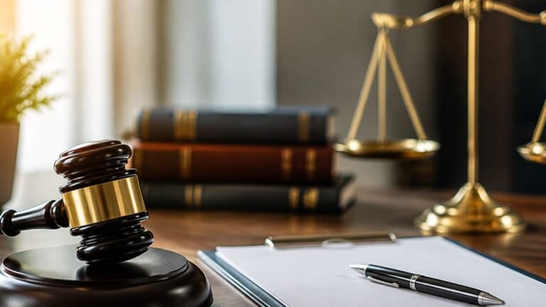 Judge’s gavel, scales of justice, legal documents, and law books on a professional office desk representing a personal injury claim and legal case preparation.