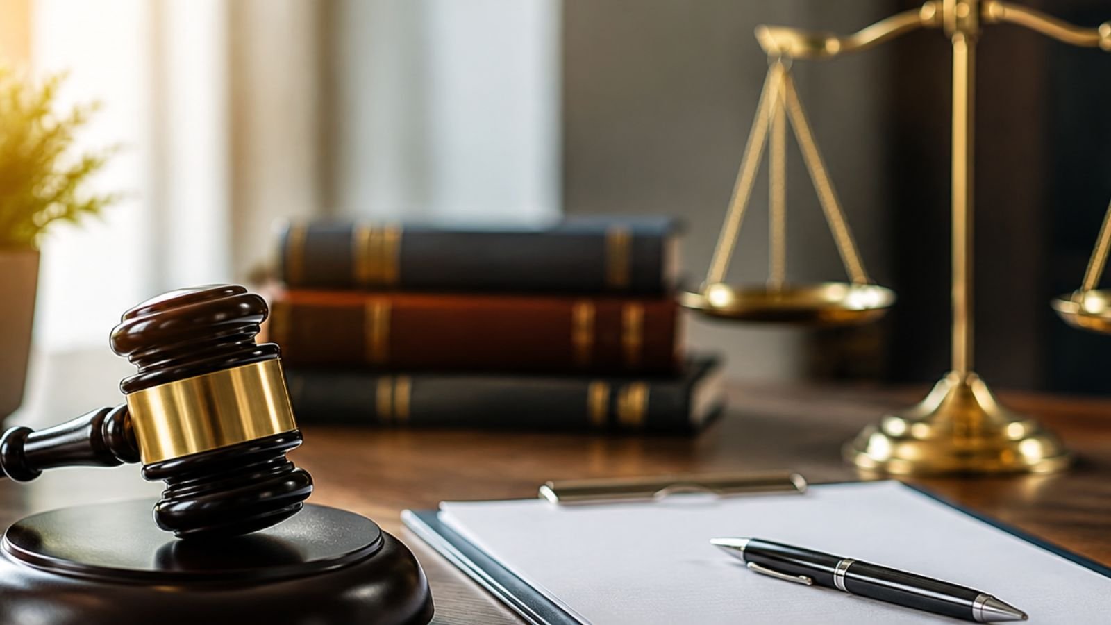 Judge’s gavel, scales of justice, legal documents, and law books on a professional office desk representing a personal injury claim and legal case preparation.