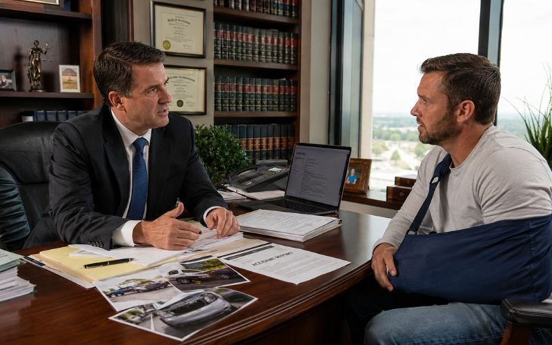 Personal injury case discussing a settlement claim with an injured accident victim in a law office.