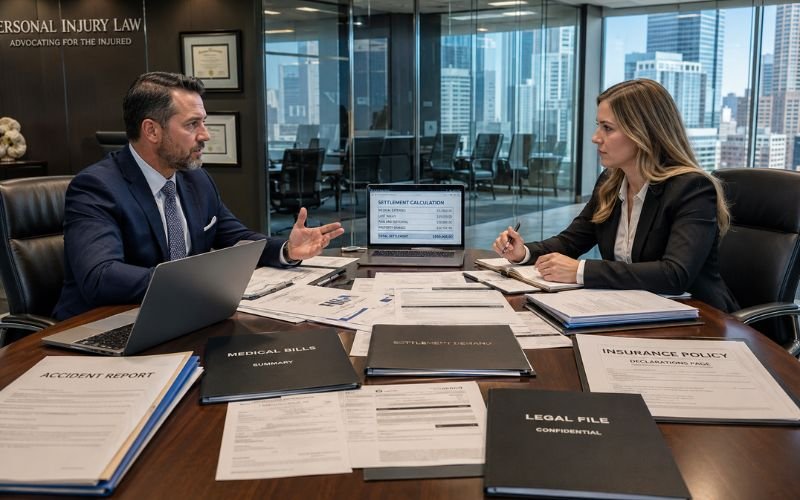 Personal injury attorney negotiating a settlement with an insurance company representative.