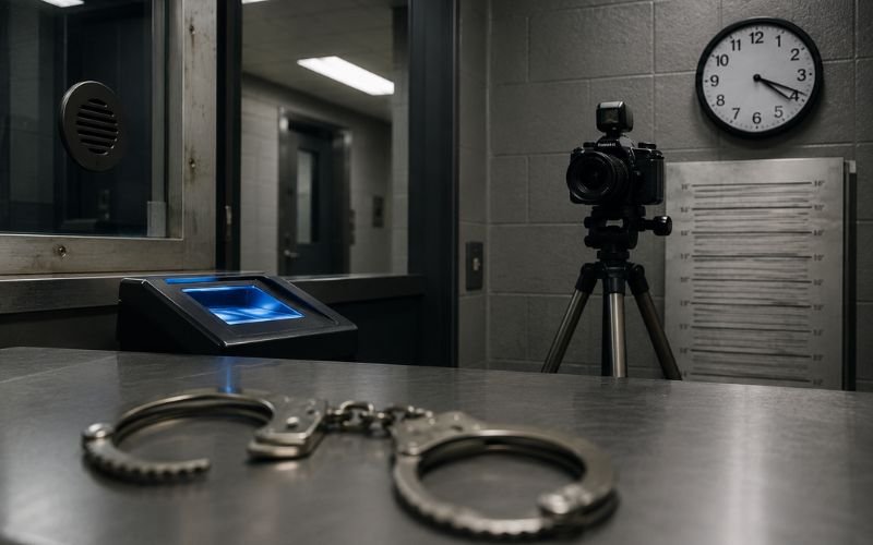 Police booking desk with handcuffs and fingerprint scanner during sex crime arrest process
