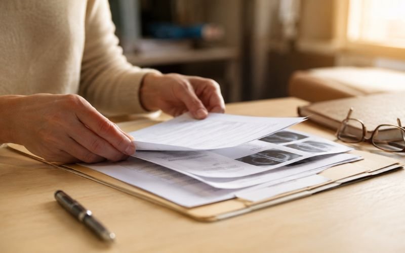 Person reviewing medical records and documents before filing a Roundup lawsuit claim