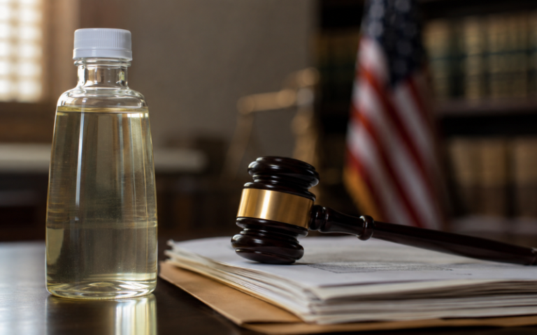 Roundup weedkiller bottle next to a gavel symbolizing the 2026 lawsuit settlement