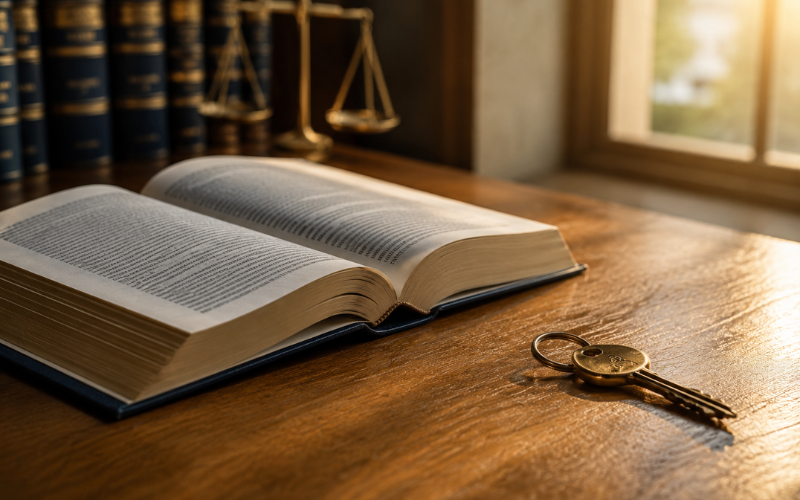 Open law book beside a set of keys, representing legal protections and a fresh start for domestic violence survivors.