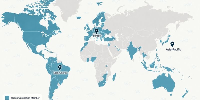 World map highlighting Hague Apostille Convention member countries