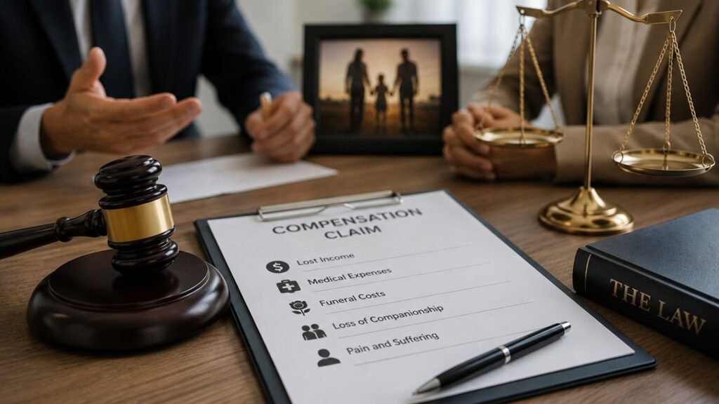 Legal compensation claim documents with scales of justice and family representation in a wrongful death case.