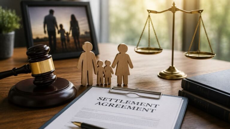 Legal settlement documents with a gavel, scales of justice, and family figures representing compensation and damages in wrongful death cases.