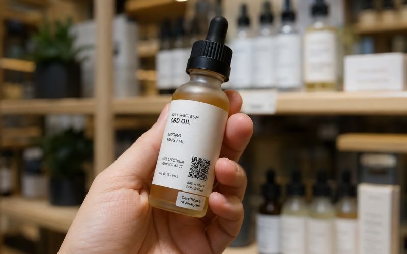 Hand holding CBD product bottle showing Certificate of Analysis label and QR code for lab testing